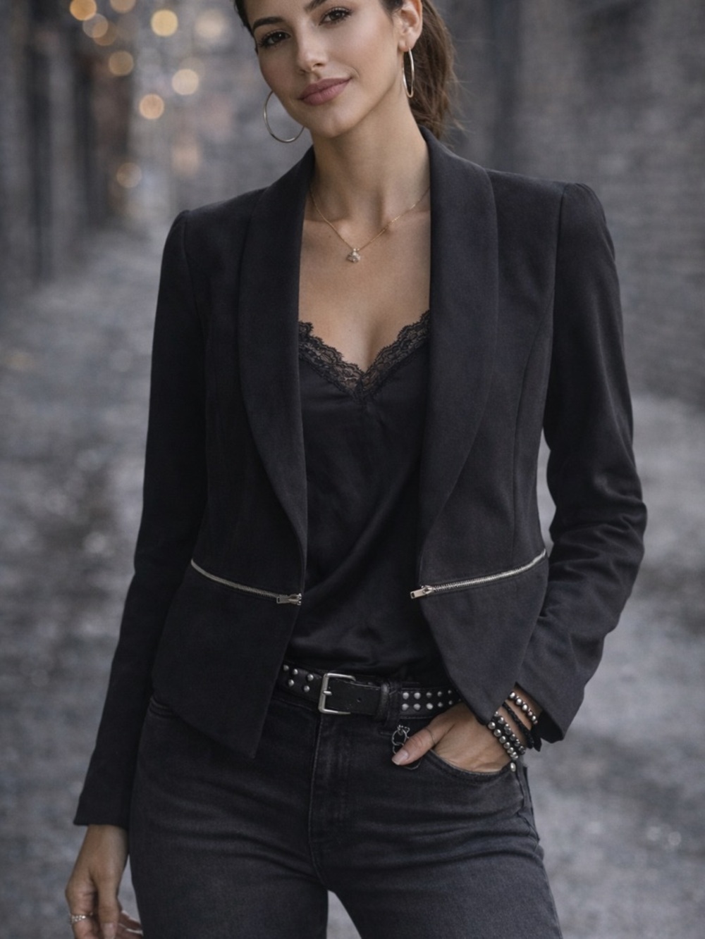 Sakura Black Cropped Blazer XS Open Front Zip Detail Edgy Chic